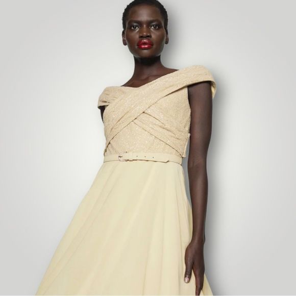 Lauren Ralph Lauren Off The Shoulder Sequin Lace Chiffon Cocktail Dress - Picture 8 of 13